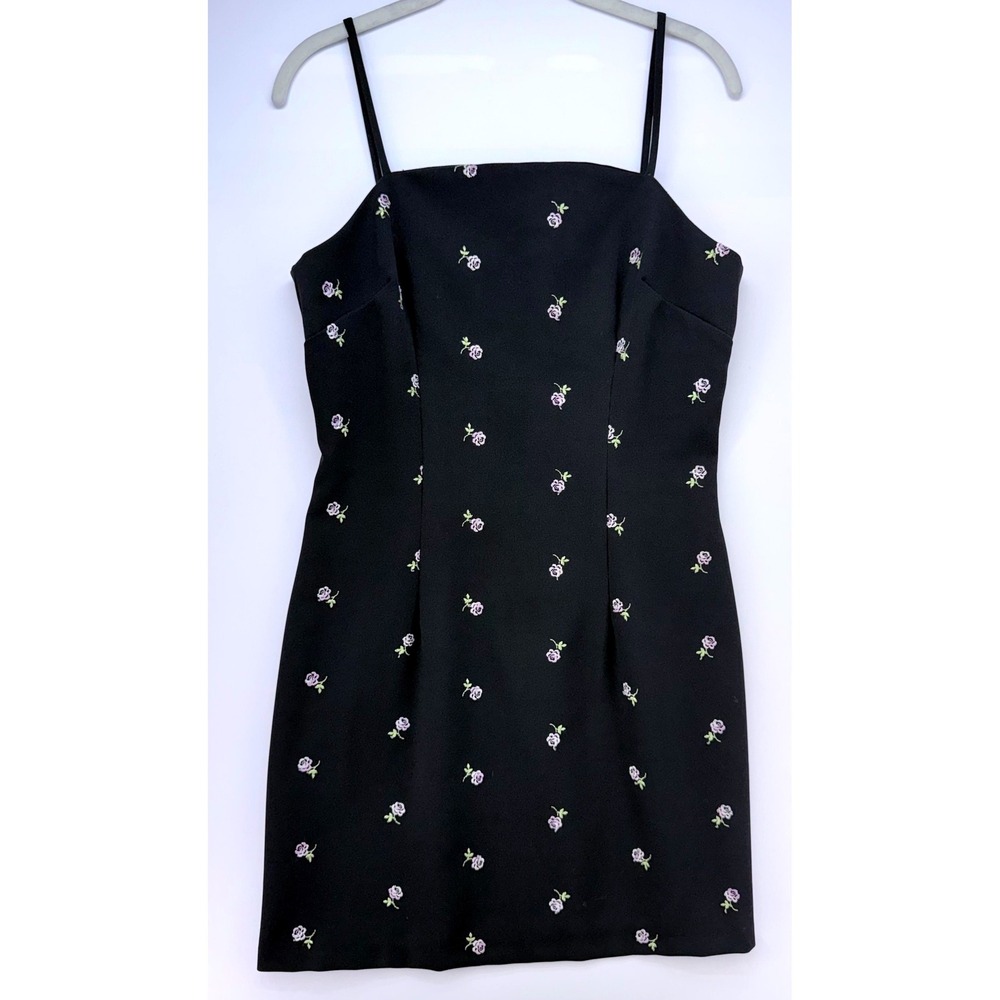 Vintage Y2K City Triangles Black Floral Embroidered Mini Dress Sz 11 Coquette